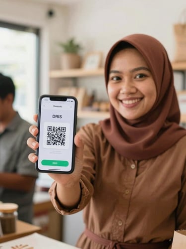 Warm editorial photography of a smiling Indonesian female merchant in her clean, bright retail shop holding a phone showing a successful QRIS transaction, natural daylight, shallow depth of field