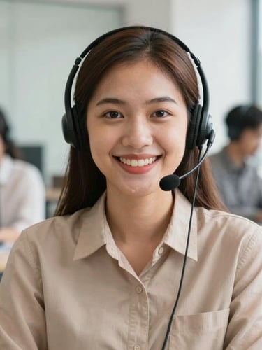 Warm editorial portrait of a friendly Indonesian customer service representative wearing a headset, smiling warmly in a bright modern office with soft indoor lighting, 35mm