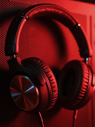 Macro shot of high-end DJ headphones hanging on a metallic soundboard, dramatic low-key lighting, red neon glow, high contrast