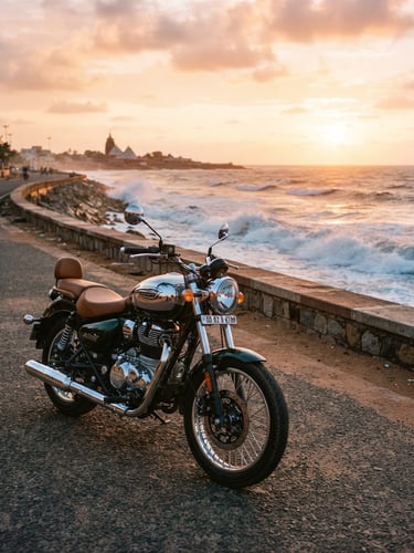 A pristine Royal Enfield cruiser parked on the side of Puri Marine Drive during golden hour, ocean waves crashing in the background, warm sunlight reflecting off the chrome handlebars, 35mm lens.