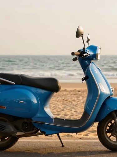 A pristine blue scooter parked on the coastal highway overlooking Puri Beach at golden hour, warm lighting, sharp focus