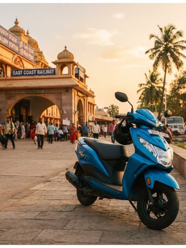 A clean, modern blue Honda Dio scooter parked near the Puri Railway Station terminal under bright golden-hour coastal light, palm trees and open sky in the background, sharp focus, 35mm lens