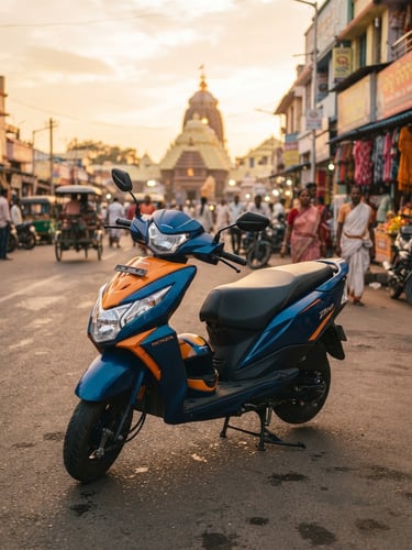 A clean saffron-accented Honda Dio scooter parked near central Grand Road in Puri, warm golden-hour coastal daylight, professional 35mm photography