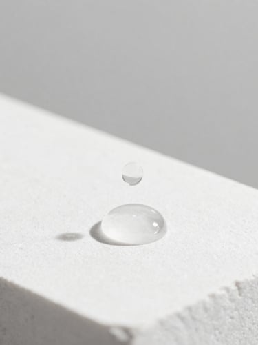 Minimalist studio photography, macro shot of elegant clear serum droplets on a clean white stone surface, soft diffused light, monochrome palette, elegant shadows