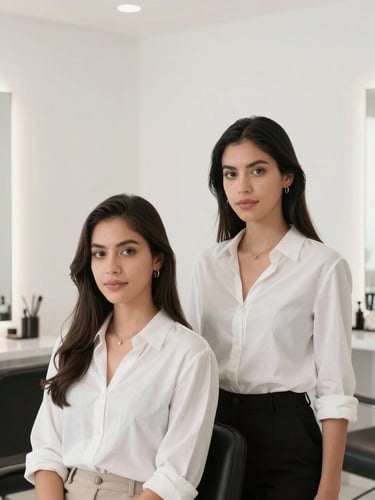 Candid portrait of two elegant Mexican sisters in a bright, minimalist lab-salon space, soft diffused studio lighting, monochrome palette, sophisticated and warm
