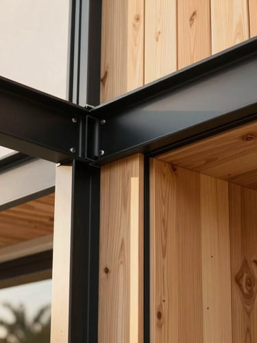 Close-up of premium construction materials, matte black steel frames meeting warm cedar siding, bright natural California light.