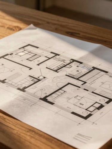 Detailed architectural floor plans laid out on a rich oak table, warm evening sun casting soft shadows across the drafting paper.