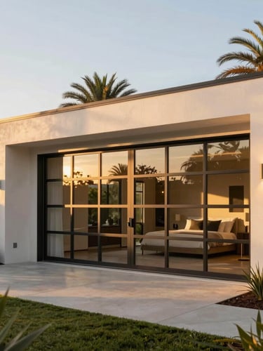 A beautiful modern detached garage converted into a luxury guest house, large steel-framed glass doors, warm late-afternoon California golden hour light, manicured landscape, architectural photography, 35mm lens.