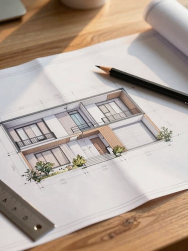 Close-up of modern architectural blueprints laid out on an oak desk, with a matte black mechanical pencil and ruler under warm studio lighting.