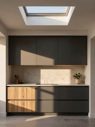 Interior view of a minimalist ADU kitchen with matte charcoal cabinetry, oak accents, and bright morning sun streaming through a skylight