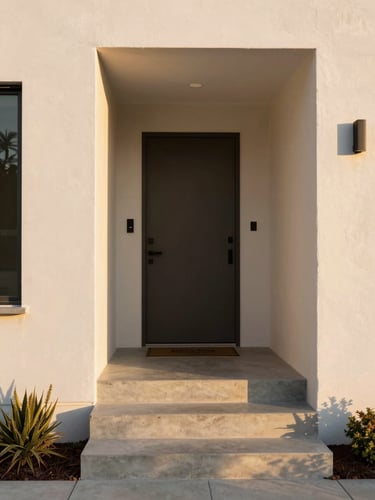 Portrait-oriented architectural shot of a modern detached ADU's entryway, warm golden-hour California sunlight, clean concrete steps.