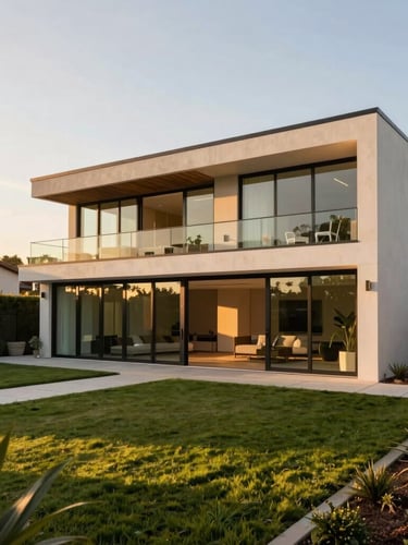 Wide-angle architectural photograph of a modern detached ADU with floor-to-ceiling glass doors, nestled in a manicured Southern California garden at golden hour.