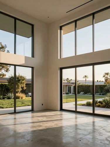 Modern ADU interior with high ceilings, polished concrete floors, and expansive black-framed windows looking out to a manicured garden.