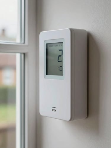 A close-up of a modern UK smart meter mounted on a clean utility wall, displaying real-time electricity consumption in pounds, soft natural window light, 35mm