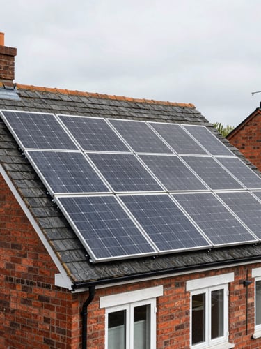 Straight-on medium shot of solar panels installed on a traditional brick UK home slate roof under soft overcast British daylight, realistic residential setting, 35mm