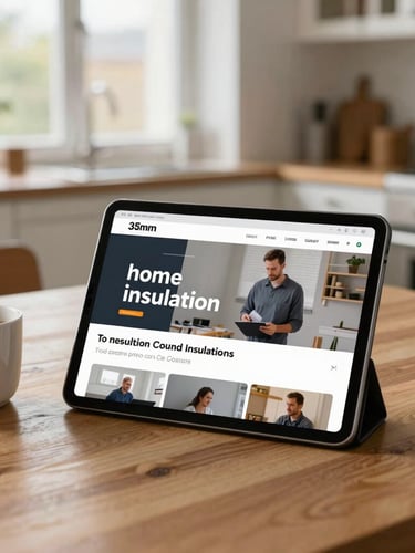 A close-up of a tablet displaying a video course on home insulation, sitting on a wooden kitchen table next to a mug of tea, soft overcast British daylight, 35mm