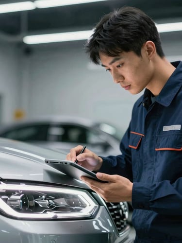 A professional automotive appraiser in a technical uniform holding a digital tablet, inspecting a car headlight under bright workshop lighting