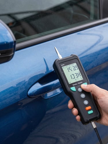 A close-up forensic shot of a digital paint depth gauge measuring a scratched blue car door, clean daylight workshop lighting, sharp focus on the digital screen showing measurements.