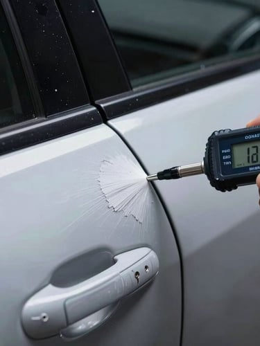 Macro shot of a digital paint depth gauge measuring a scraped car door panel, high-contrast forensic lighting, technical detail