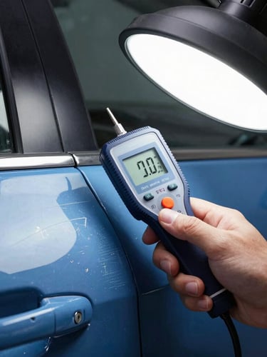 Macro shot of a digital paint depth gauge measuring a scratched blue car door panel under bright white inspection lights, forensic and objective.