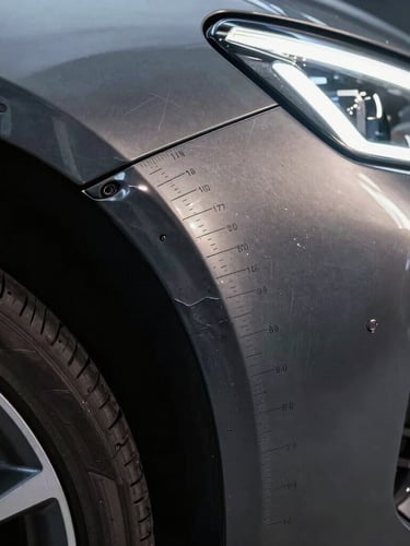 Close-up of automotive body damage under bright inspection lights, showing a dent on a dark metallic panel with precise forensic measurement markings.
