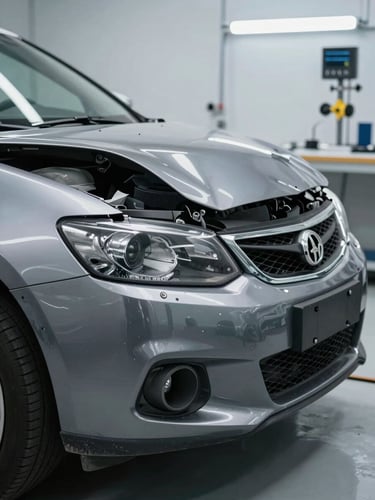 A close-up forensic shot of a severely damaged car front bumper and crumpled hood inside a clean, brightly lit professional inspection bay, technical measuring tools visible in the background.