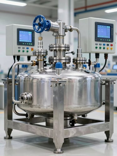 Sharp industrial photography of a heavy-duty stainless steel RO skid, bright clean factory lighting, metallic pressure vessels and digital PLC panels.