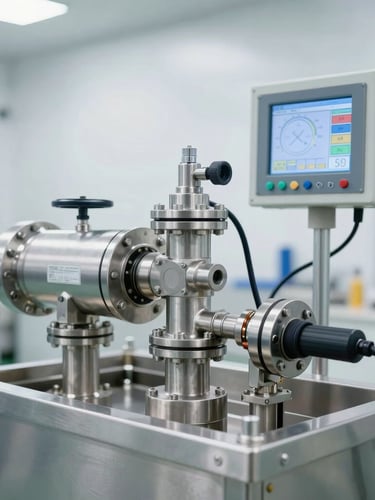 Crisp medium shot of a heavy-duty stainless steel RO skid undergoing pressure testing, digital PLC control panel displaying active metrics, high-key factory lighting