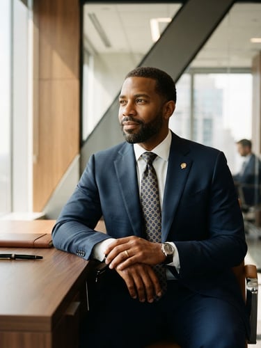 Professional portrait of a confident male lawyer in a modern, sunlit office, sharp architectural angles, warm natural window light, deep navy and gold tones, 35mm, shallow depth of field, looking slightly off-camera to the left.