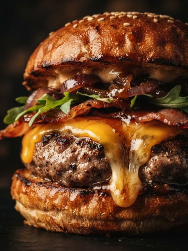 Moody close-up of a premium artisanal burger with melting cheddar cheese and glistening sauce, warm side lighting against a dark background, portrait framing.