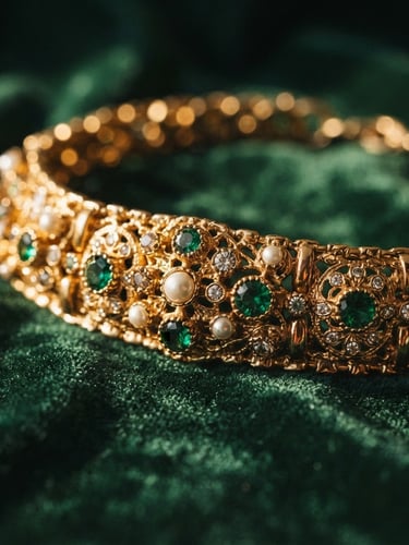 Macro studio shot of a heavy gold-plated choker resting on dark green velvet, dramatic side-lighting highlighting the intricate stone settings and metallic luster