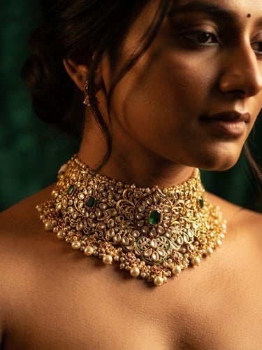 Macro close-up of a heavy gold-plated choker on a bride's neck, warm side-lit studio lighting, emerald green background, shallow depth of field