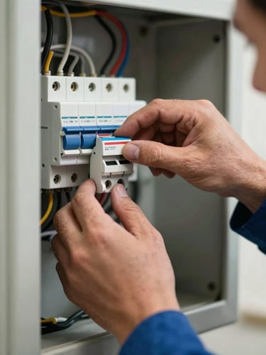 Close-up of an electrician's hands working inside a residential breaker panel, fingers positioning a circuit breaker, wiring visible in natural indoor ambient light, shallow depth of field on the components, real utility-room wall in background
