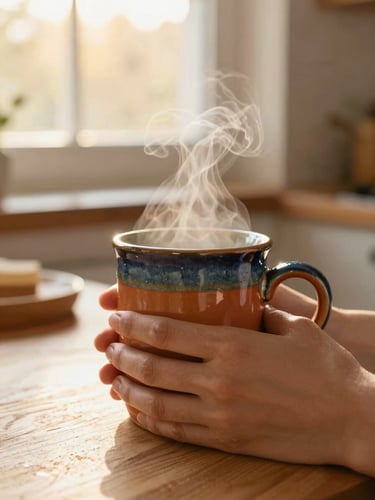 Hands wrapping around a warm terracotta ceramic mug, steam rising, cozy kitchen table setting with bright golden-hour window light.