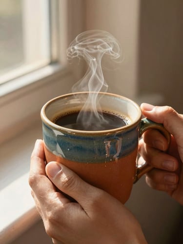 Hands holding a warm terracotta mug filled with steaming coffee, soft golden-hour window light casting gentle shadows, close-up tactile glaze texture.