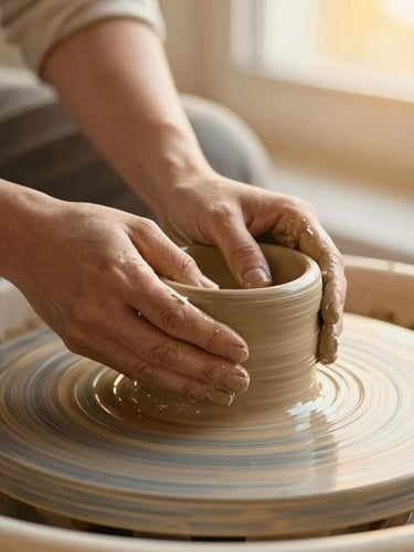 Hands shaping wet terracotta clay on a spinning potter wheel, warm golden-hour light, macro shot with shallow depth of field