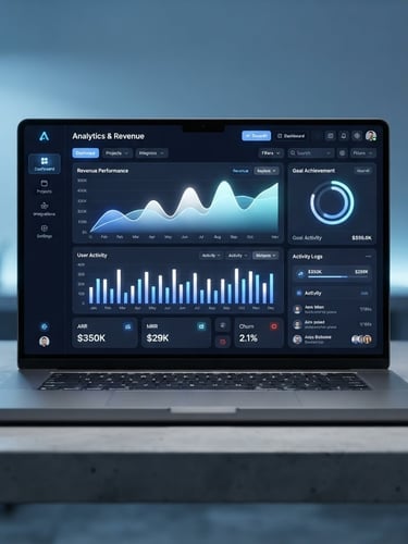 A high-fidelity SaaS UI mockup displayed on a sleek modern device frame, cool blue ambient light, sharp focus, crisp tech photography, 35mm lens