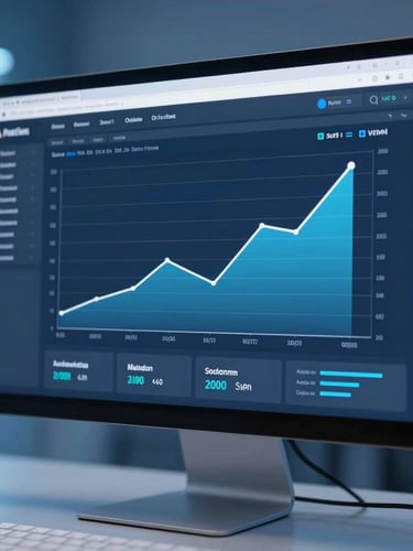 High-fidelity digital marketing dashboard on a modern desktop monitor, crisp analytics charts showing upward trend lines, cool blue studio lighting, sharp focus