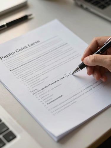 Close-up overhead flat-lay of a compliance document being reviewed on a desk, a pen resting mid-annotation, soft north-facing daylight from the left, warm neutral surface, precise detail of handwritten margin notes