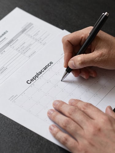Close-up of hands marking a printed compliance calendar with a pen, a second open GST return file visible at the edge, soft tungsten light from the left, dark desk surface, precise and deliberate