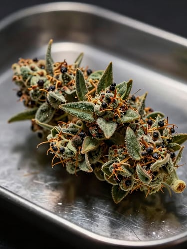 Tight macro product shot of dense, trichome-rich flower on a raw metal tray, dramatic directional light, deep shadows.