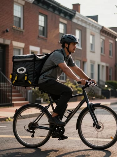 High-contrast dramatic late-afternoon sunlight, a delivery courier riding a bicycle on a Washington DC street, brick row houses in the soft-focus background, industrial utility aesthetic.