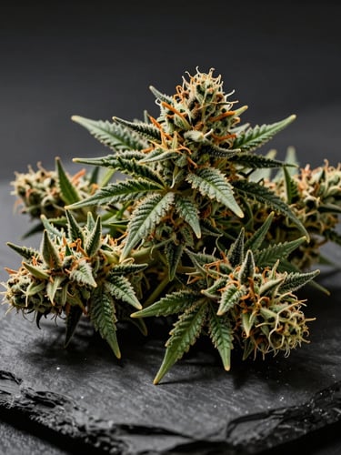 Macro high-definition shot of dense, green, trichome-rich cannabis flower resting on a raw, dark slate tray under dramatic, high-contrast directional light with deep shadows.