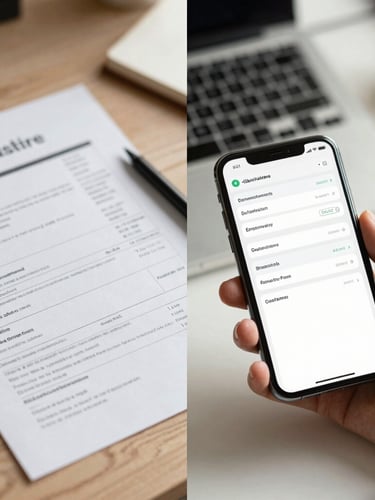 A split-screen layout showing a cluttered desk with paper invoices on the left, and hands holding a smartphone displaying a clean, modern digital dispatch dashboard on the right. Bright natural lighting, high contrast, sharp details.