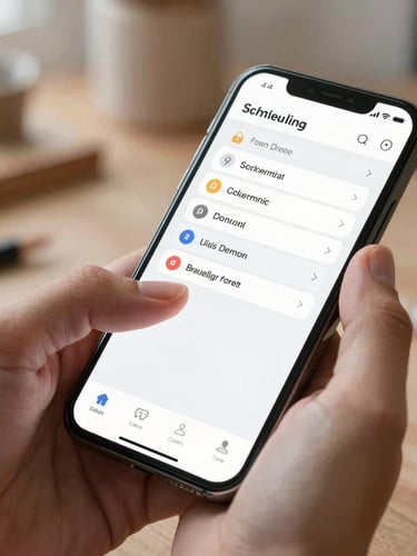 Tight macro shot of hands interacting with a mobile device displaying a clean, high-fidelity UI of a custom scheduling tool, bright natural light, local workshop background.