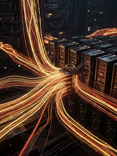 Sleek 3D render of glowing gold and red data lines flowing into structured database columns, dark tech aesthetic, macro depth of field