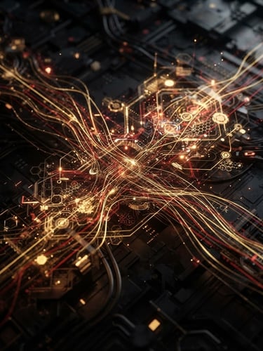 Sleek 3D render of digital interface, dark tech aesthetic, glowing gold and red data visualization lines, macro depth of field