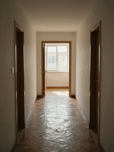 Wide residential corridor of a social housing building, natural daylight streaming through a window at the far end, linoleum floor reflecting soft light, an open apartment door to one side, no people, calm and inhabited atmosphere, muted warm tones