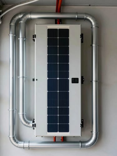 Symmetrical straight-on shot of a clean residential solar inverter installation inside a garage, perfectly aligned silver conduit lines running vertically, bright utility lighting