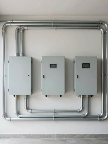 Straight-on architectural shot of a clean residential garage wall, showing parallel silver conduit lines routed perfectly to a modern electrical panel and hybrid inverter, bright natural light.
